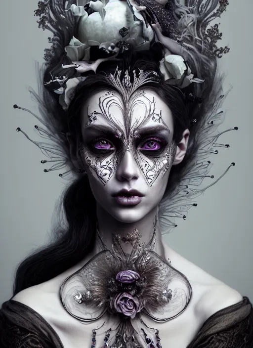 Image similar to portrait of an absurdly beautiful, graceful, sophisticated, fashionable dark witch, hyperdetailed illustration by irakli nadar and vania zouravliov, matt wisniewski style, intricate linework, day - glow face paint, unreal engine 5 highly rendered, global illumination, radiant light, detailed and intricate environment