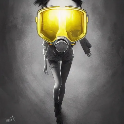 Image similar to luxury advertisement, a highly detailed epic cinematic concept art CG render digital painting artwork of a girl in a grey hoodie with a yellow rebreather half-mask. By Greg Rutkowski, Ilya Kuvshinov, WLOP, Stanley Artgerm Lau, Ruan Jia and Fenghua Zhong, trending on ArtStation, made in Maya, Blender and Photoshop, octane render, excellent composition, cinematic atmosphere, dynamic dramatic cinematic lighting, aesthetic, very inspirational, arthouse