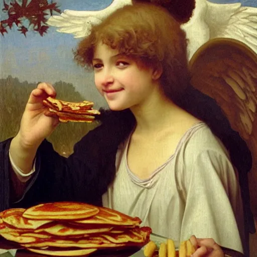 Prompt: an oil painting of an angel inside McDonald's eating pancakes with a fork, by Bouguereau, highly realistic and intricate