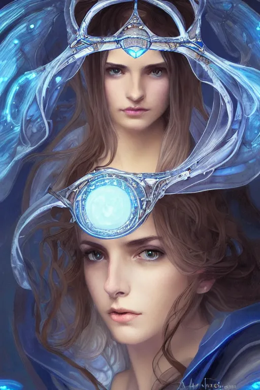 Image similar to beautiful woman wearing blue transparent clothes, glowing eyes, silver headband, blue glowing diamond in the hands, high elf priestess, sci-fi, fantasy, intricate, very very beautiful, elegant, highly detailed, digital painting, artstation, concept art, smooth, sharp focus, illustration, art by artgerm and greg rutkowski and alphonse mucha