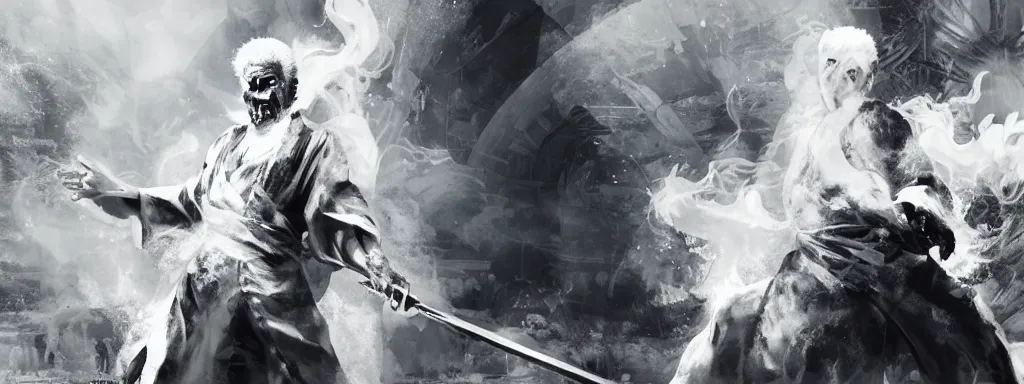 Image similar to Epic Concept art of morgan freeman in a one-piece white robe, the old man is alone, there are no other people, white hair and white beard, surrounded by black smoke, smoky, full body wuxia, Wudang Swordmanship by Chen Uen, art by Yoji Shinkawa, 4k