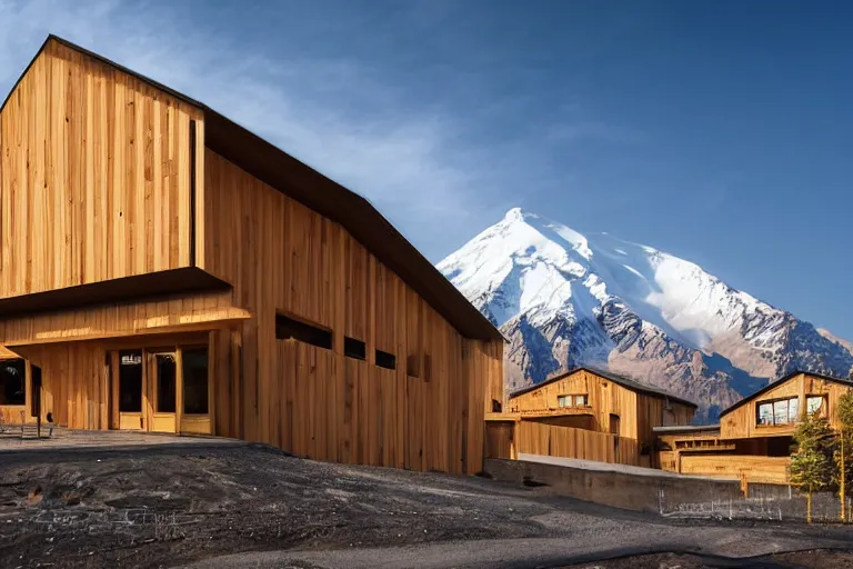 Image similar to architecture photo modern fachwerk wooden school with Elbrus mountain on the background, architecture, photorealism 8k , shining and happy atmosphere, uplight, high details