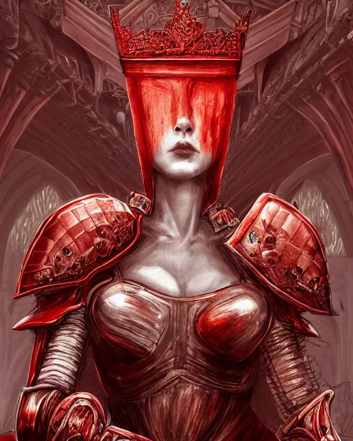 Image similar to redhead queen knight in red armor, inside grand hall in castle with rococo aesthetic, exposed beating heart in chest, crown, face with scars, dark souls 3, intimidating, ominous, evil, high fantasy, intricate detail, digital painting, artstation, concept art, smooth, sharp focus, illustration, art by yoshitaka amano and monia merlo and giger and wlop