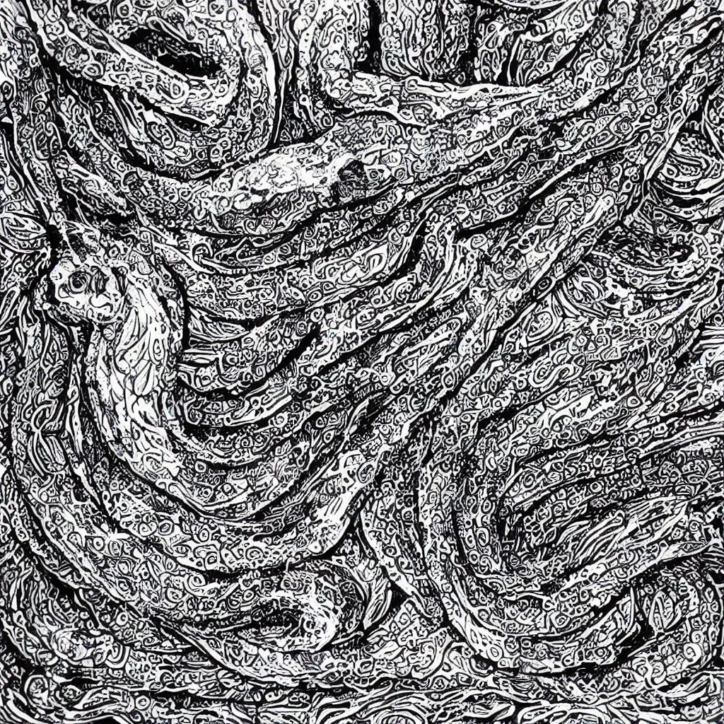 Prompt: a highly elaborate ink drawing of an eel