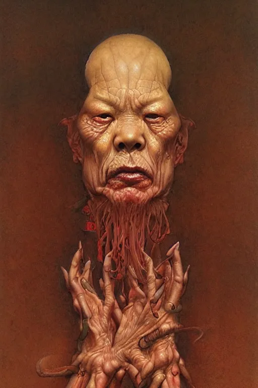 Image similar to a portrait of fu lu shou by wayne barlowe, gustav moreau, goward,  Gaston Bussiere and roberto ferri, santiago caruso, and austin osman spare, ((((occult art))))