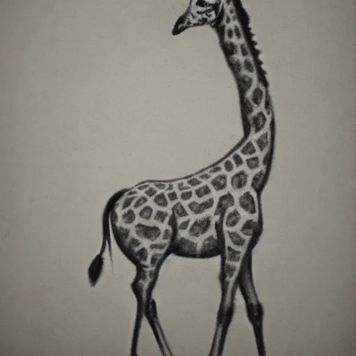 Prompt: cave painting of a whole giraffe, ancient charcoal painting