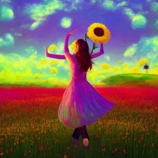 Prompt: giant daisy flower in front of head, full body girl dancing in a flower field, surreal photography, sunrise, dramatic light, impressionist painting, colorful clouds, digital painting, artstation, simon stalenhag