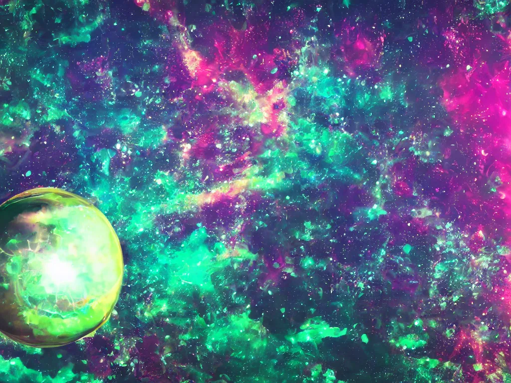 Image similar to mystical colorful cyberpunk planet, abstract nebula green crystal sculpture floating above it, powerful, 4k, photograph, vaporwave