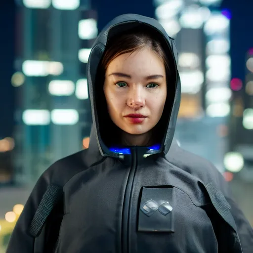 Image similar to photographic portrait of a techwear woman, closeup, on the rooftop of a futuristic city at night, sigma 85mm f/1.4, 4k, depth of field, high resolution, 4k, 8k, hd, full color