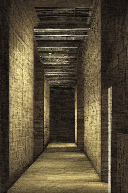 Prompt: a beautiful painting digital of a dark alley room at night with broken windows with wooden crates metal grids by Tadao Ando