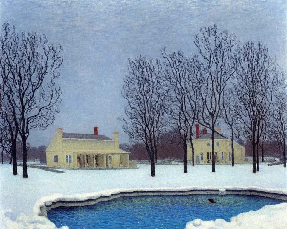 Image similar to achingly beautiful painting of a sophisticated, well - decorated pool house in winter by rene magritte, monet, and turner.