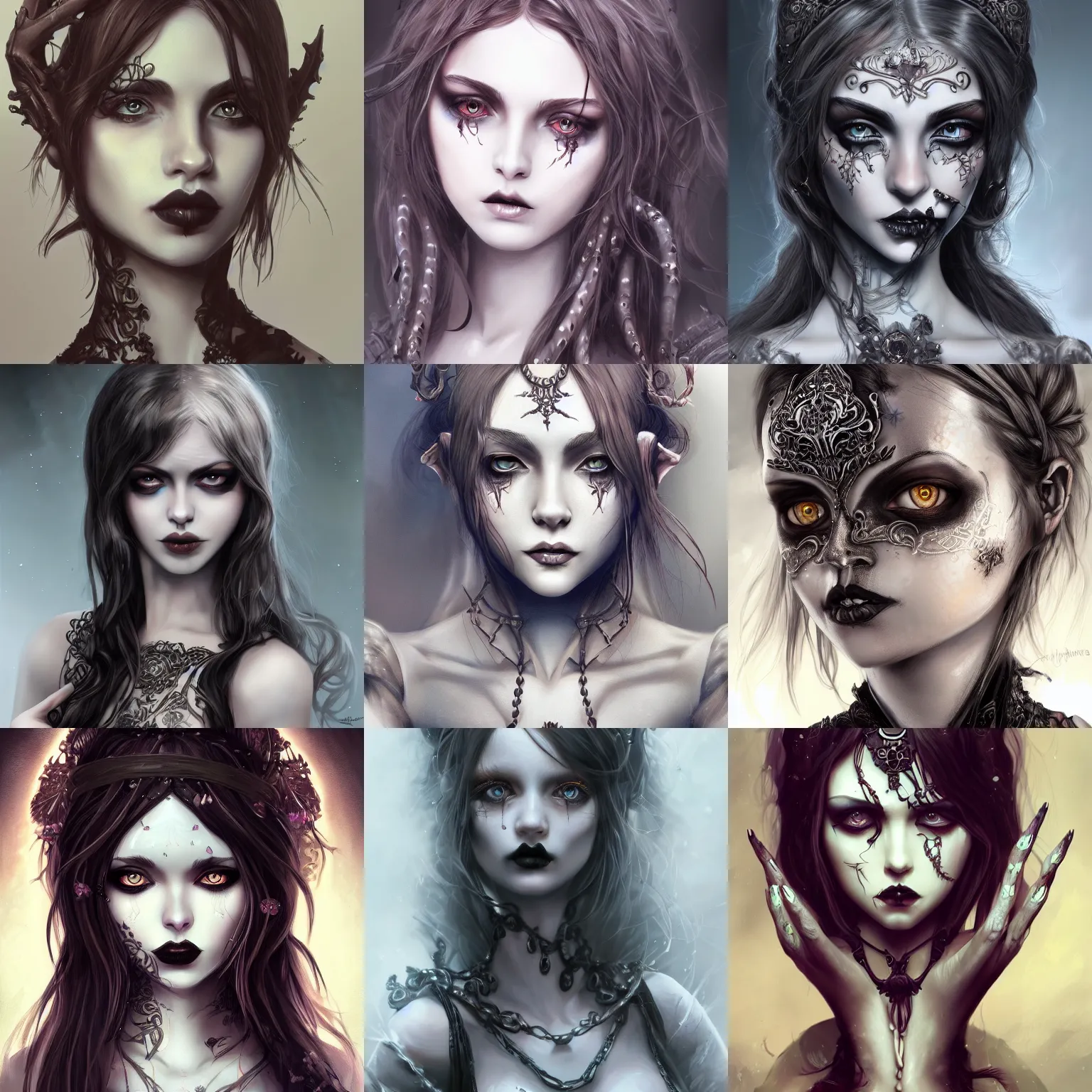 Prompt: a gothic girl with 4 arms with a beautiful face, young face, pretty face, beautiful detailed face, very detailed eyes, female art, intricate details, hyper detailed, artstation, 8 k resolution, high detail, digital painting