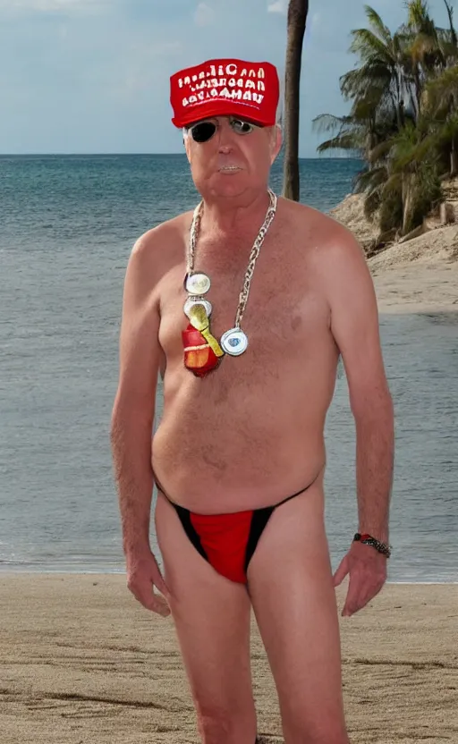 Image similar to high quality photo of donald trump in a borat mankini. hq. hd. award winning