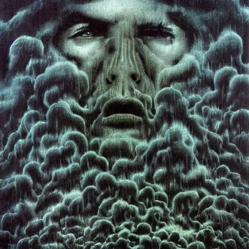 Prompt: a dark storm cloud made out of hundreds of ghostly faces. painted by beksinski and larry elmore.