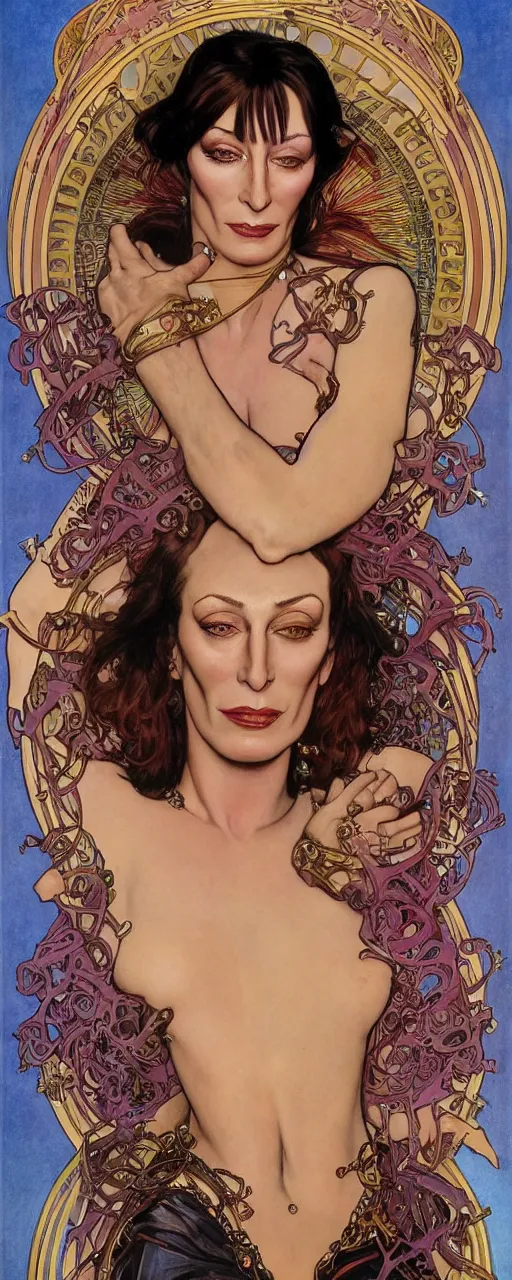 Image similar to striking sensual colorful art nouveau style portrait of anjelica huston as an industrial leatherpunk rebel commander by glenn fabry, simon bisley and alphonse mucha, photorealism, extremely hyperdetailed, perfect symmetrical facial features, perfect anatomy, ornate declotage, spikes, latex, excited expression, wild eyes