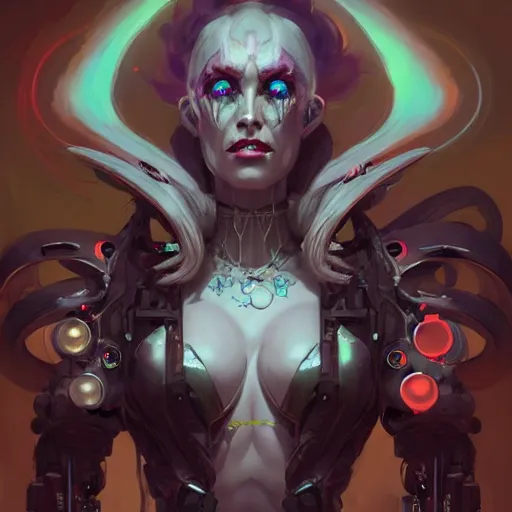 Image similar to a portrait of a beautiful demonic cybernetic grand duchess of hell, cyberpunk concept art by pete mohrbacher and wlop and artgerm and josan gonzales, digital art, highly detailed, intricate, sci-fi, sharp focus, Trending on Artstation HQ, deviantart, unreal engine 5, 4K UHD image