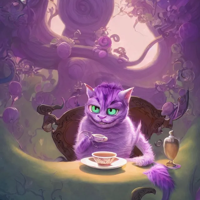 Image similar to cheshire cat drinking tea, by cory loftis, character art, very coherent, exquisite lighting, whimsical background, lighthearted, soft painting, masterpiece