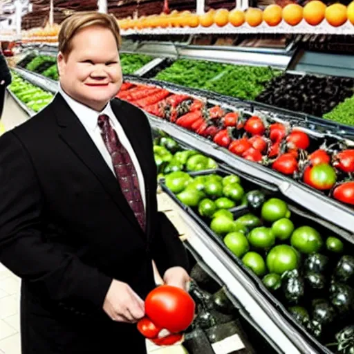 Prompt: Andy Richter wearing a black suit and necktie squeezing tomatoes in the produce section of a supermarket