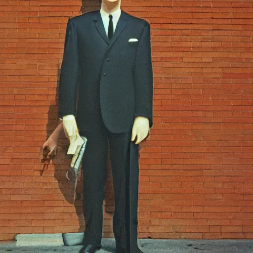 Prompt: portrait of a man in a suit in the streets of new york, 1 9 6 0 s, hyper realistic ultra detailed lifelike intricate, photo taken with ektachrome, featured on flickr, photographed on damaged film