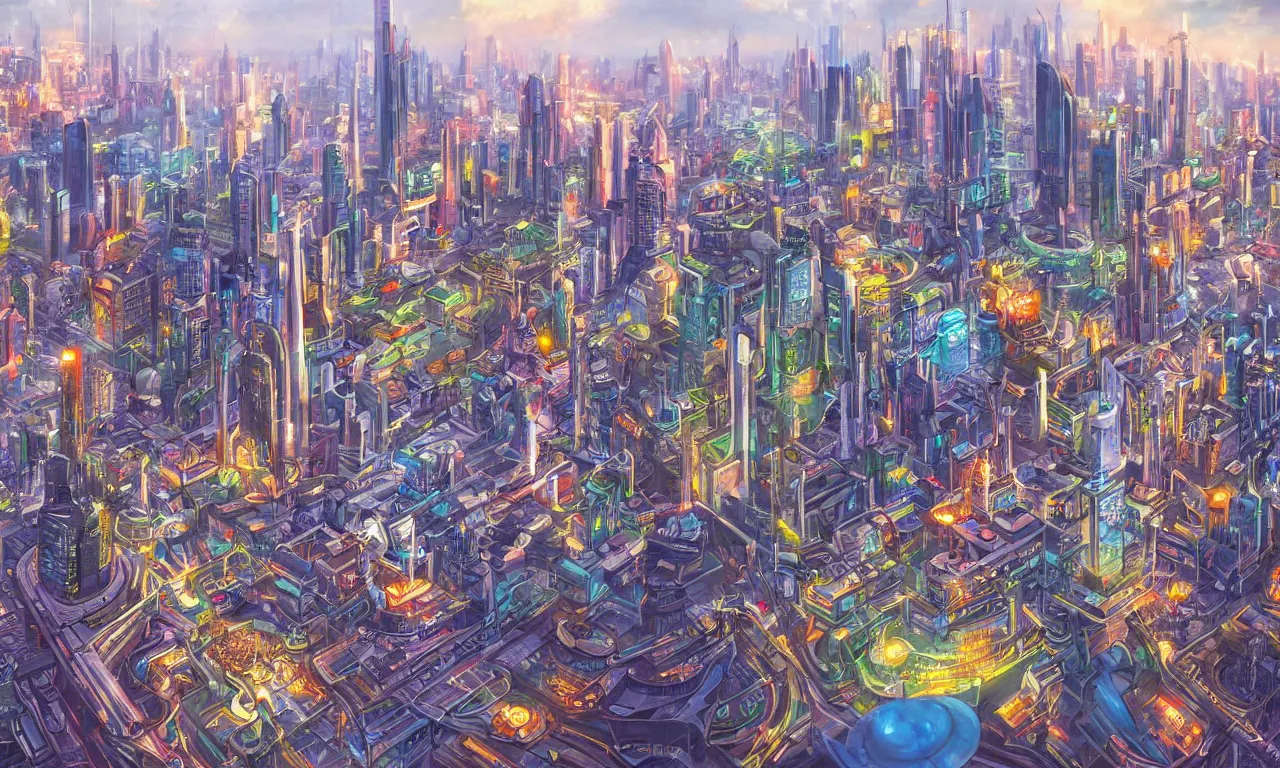 Image similar to futuristic city, illustration painting, oil on canvas, intricate, hd, digital art, overdetailed art, complementing colors, detailed, illustration painting by alex gray, digital art, syd meade