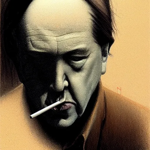 Image similar to concept portrait of bill hicks smoking, dark atmosphere, lovecraftian setting, lynchian atmosphere, film noir, concept art, art by kuvshinov ilya and zdislav beksinski and wayne barlowe