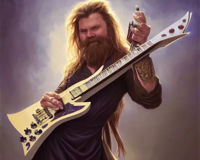 Image similar to smooth mcgroove in arcane tv series, holding a white randy rhoads guitar rr 1, deep focus, d & d, fantasy, intricate, elegant, highly detailed, digital painting, artstation, concept art, matte, sharp focus, illustration, hearthstone, art by artgerm and greg rutkowski and alphonse mucha