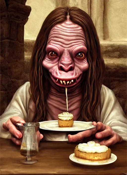 Image similar to portrait of a medieval goblin eating cakes in the cloisters beautiful face hyper realistic highly detailed digital painting artstation illustration co