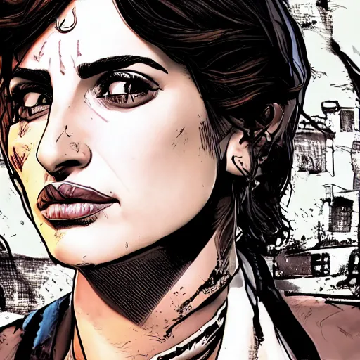 Image similar to penelope cruz portrait, borderlands, tales from the borderlands, the wolf among us, comic, cinematic lighting, studio quality, 8 k