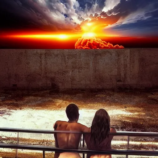 Image similar to a young couple watching a nuclear explosion, romantic, uplifting, happy, apocalytic detailed digital matte painting