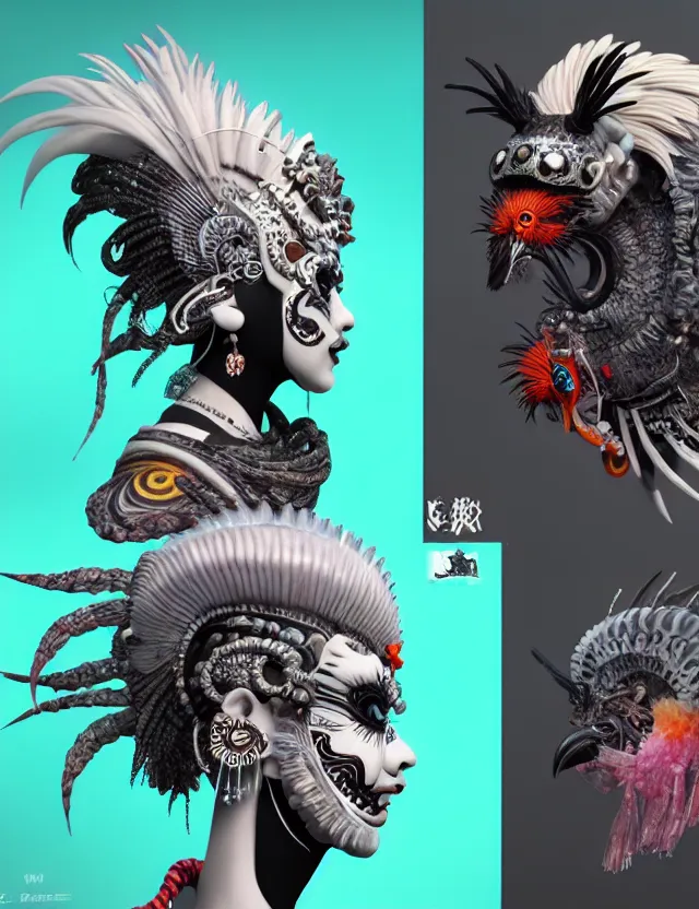 Image similar to 3 d goddess close - up profile portrait punk with mohawk with ram skull. beautiful intricately detailed japanese crow kitsune mask and clasical japanese kimono. betta fish, jellyfish phoenix, bio luminescent, plasma, ice, water, wind, creature, artwork by tooth wu and wlop and beeple and greg rutkowski