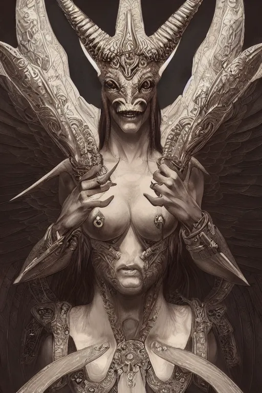 Image similar to ultra realistic illustration, baphomet from diablo and baldurs gate, intricate, elegant, highly detailed, digital painting, artstation, concept art, smooth, sharp focus, illustration, art by artgerm and greg rutkowski and alphonse mucha