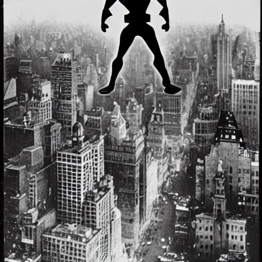 Image similar to old black and white photo, 1 9 1 3, depicting batman from dark knight on top of buildings of new york city, rule of thirds, historical record