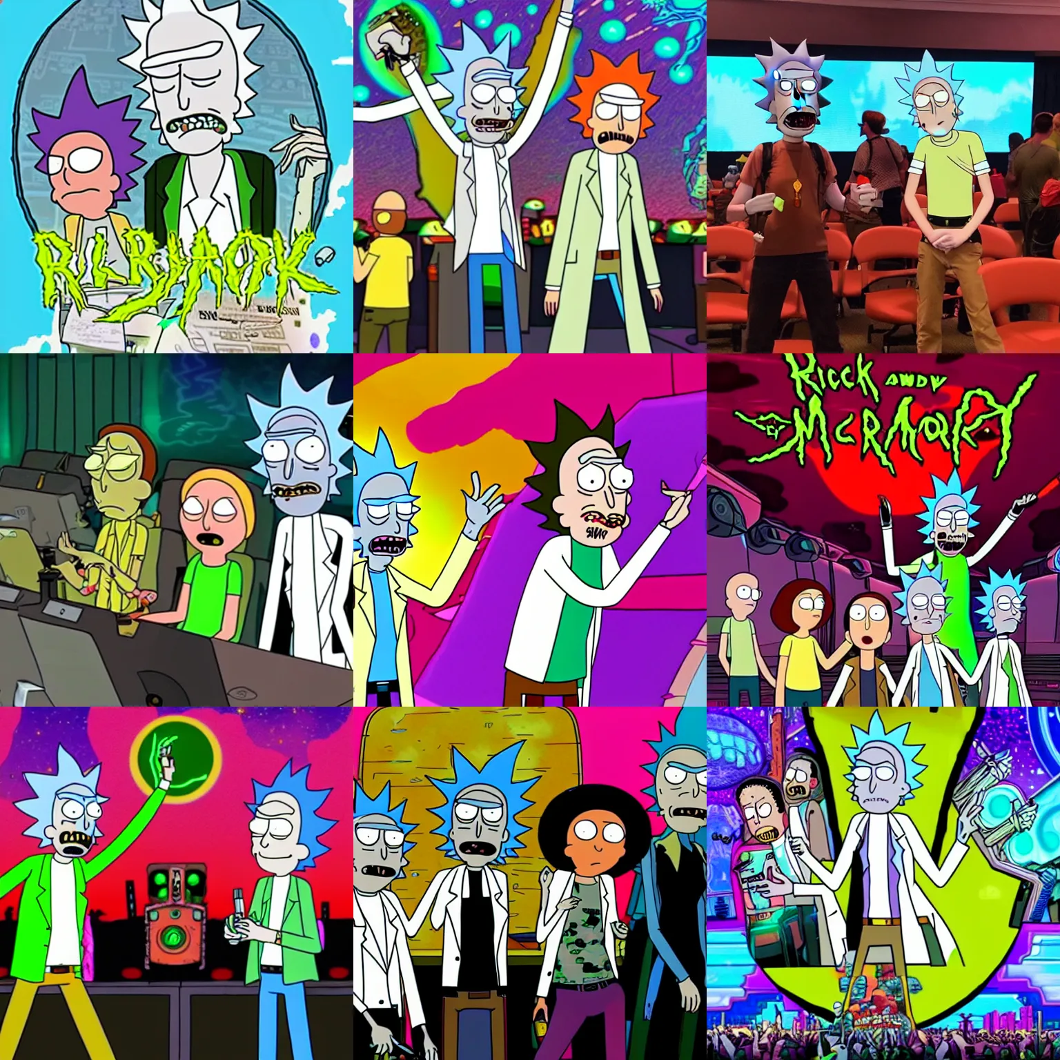 Prompt: rick and morty in the defcon hacker conference in las vegas, rick and morty style