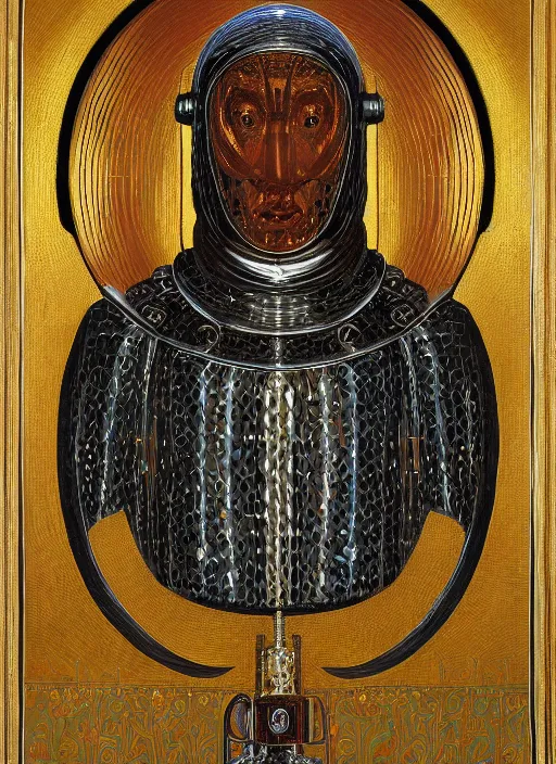 Image similar to a portrait of a shiny metallic renaissance robot, in the style of Jan van Eyck,