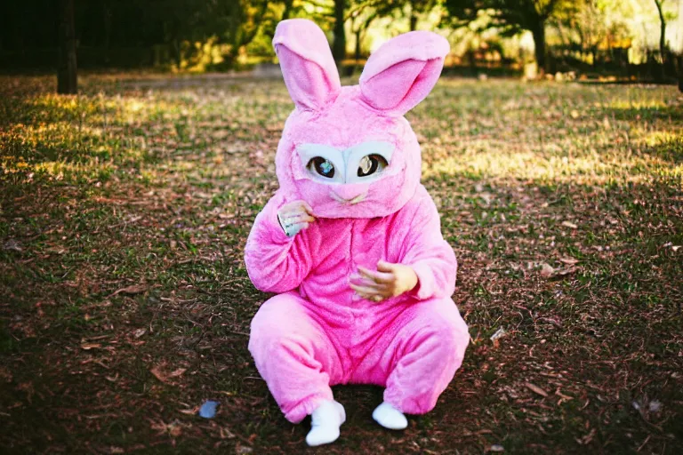 Image similar to Tom Cruise, wearing a pink rabbit costume, portrait photography, depth of field, bokeh