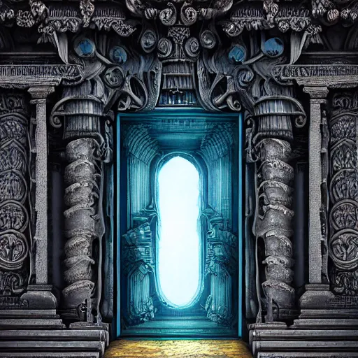 Image similar to carved futuristic door at the end of ancient ornate steps shows a large window to a city detailing the vast architectural scientific ancient and cultural acheivements of humankind, magical atmosphere, renato muccillo, jorge jacinto, andreas rocha, damian kryzwonos, ede laszlo, christian reiske, highly detailed digital art, cinematic blue and gold