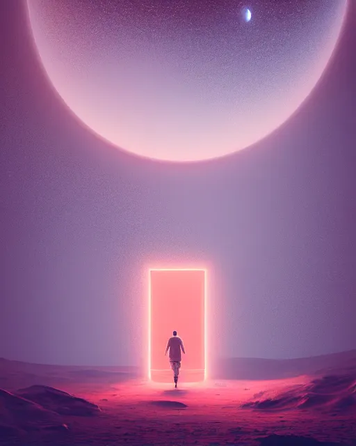 Image similar to a person standing in front of a glowy open door that's on a barren moon, poster art by mike winkelmann, trending on cg society, space art, sci - fi, ue 5, futuristic, volumetric lighting