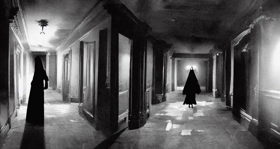 Prompt: Halloween film, Scene where a woman in white walking dark hallways in old mansion at midnight , view from front