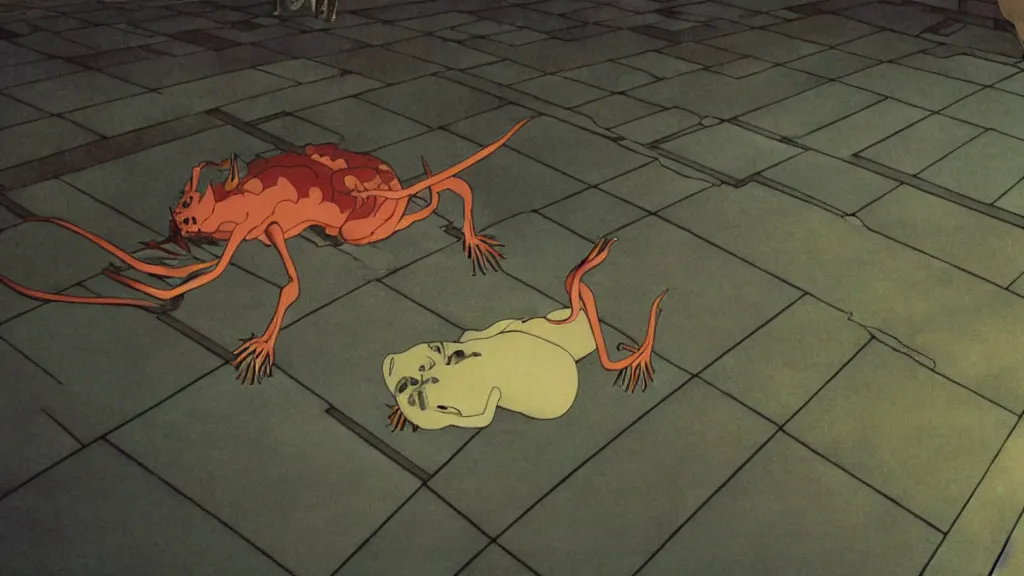 Image similar to a strange creature crawls on the ceiling of a Japanese temple, anime film still from the an anime directed by Katsuhiro Otomo with art direction by Salvador Dalí, wide lens