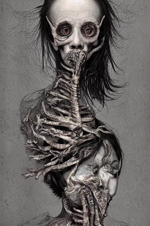 Image similar to Detailed maximalist portrait of a beautiful old woman with large lips and eyes, scared expression, botanical skeletal with extra flesh, HD mixed media, 3D collage, highly detailed and intricate, surreal illustration in the style of Caravaggio, dark art, baroque, centred in image