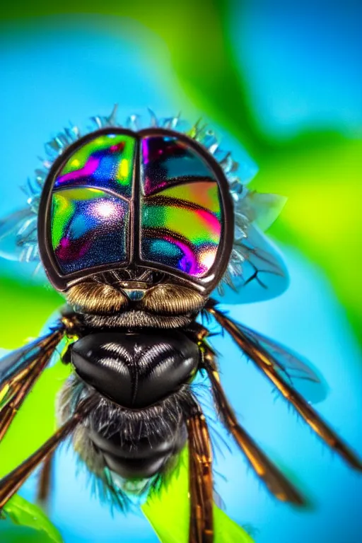 Image similar to high quality macro robot metallic tachinid fly! gorgeous highly detailed hannah yata elson peter cinematic turquoise lighting high quality low angle hd 8k sharp shallow depth of field