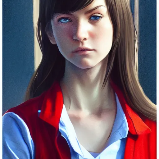 Image similar to portrait of a brunette thin teenager girl with blue eyes wearing school uniform in gta 5, light stubble with red shirt, inside modern school ,digital art,photorealistoc,art by greg rutkowski,hyperdetailed,western comic style,comic,comic style,sharp lineart,professional lighting,deviantart,artstation,trevor henderson,rossdtaws,cinematic,dramatic