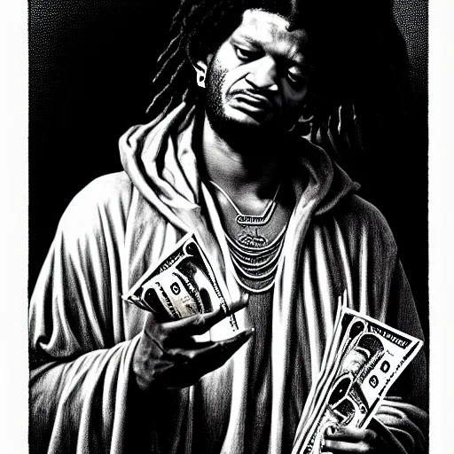 Prompt: highly accurate fredo santana rapper holding stacks of cash, biblical image, style of gustave dore, highly detailed, beautiful, high contrast, black and white