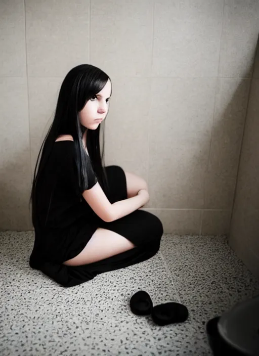 Image similar to a 1 4 year old girl with straight long black hair wearing black dress that sitting on bathroom floor