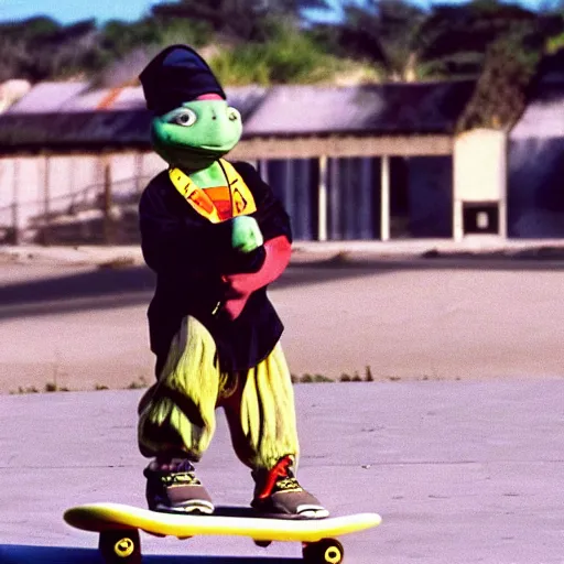 Image similar to a dodo wearing street clothes, a backwards ballcap and gold chain around its neck, surfing on on a hover board at a skate park at the beach, 1990s cartoon, teenage mutant ninja turtles