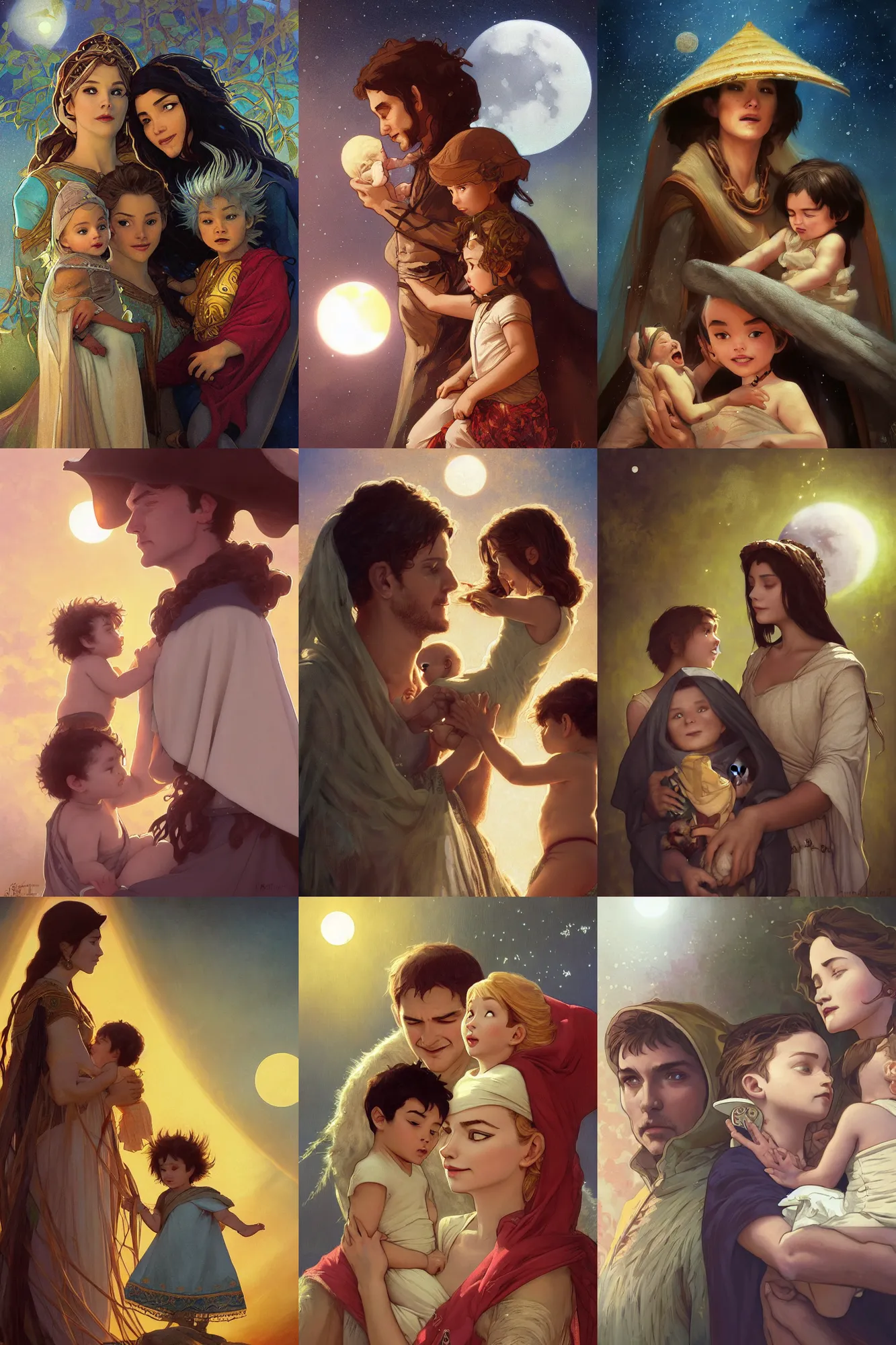 Prompt: a cinematic portrait of a beautiful family photograph close up moment of a young sun god and moon goddess magician family with child, portrait, wearing sunhats, Klaus film, digital painting, artstation, concept art, illustration, Frozen II art masterpiece by art by Krenz Cushart, Artem Demura, alphonse mucha, yoji shinkawa, ArtGerm, Jon Lothian, Danilo Torres, Adi Meyers, Thomas Reimann, Gaston Bussiere