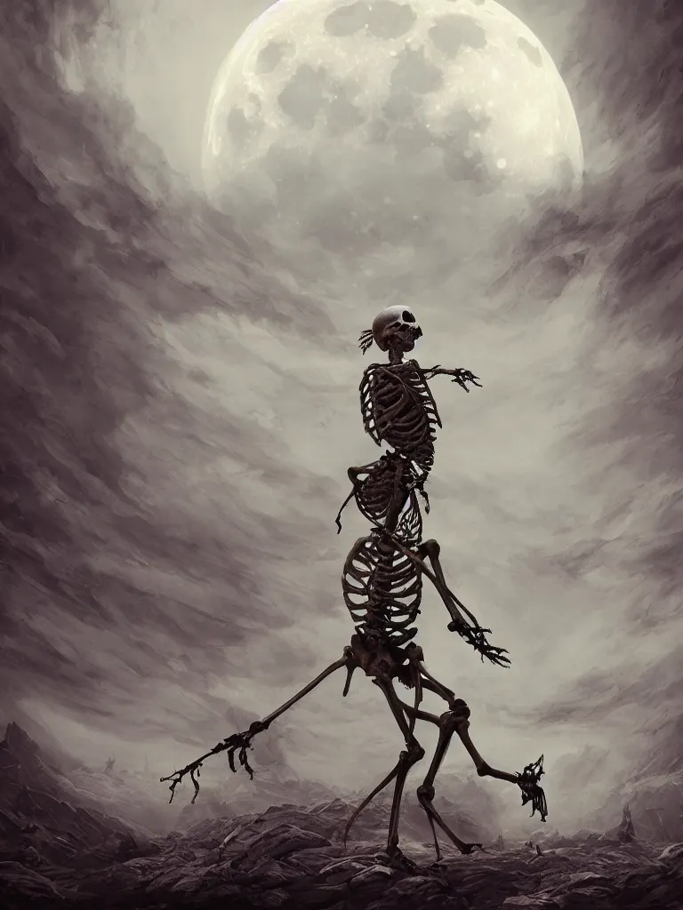 Prompt: a very large and scary skeleton with soft and luminous colors dances in an apocalyptic landscape with vapor and smoke under the moon in twilight, darkart, hyperdetailed, hyperealistic, cinematography, 8k,Artstation, Deviantart, beautiful