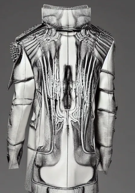 Prompt: designer menswear jacket inspired by h. r. giger designed by alexander mcqueen