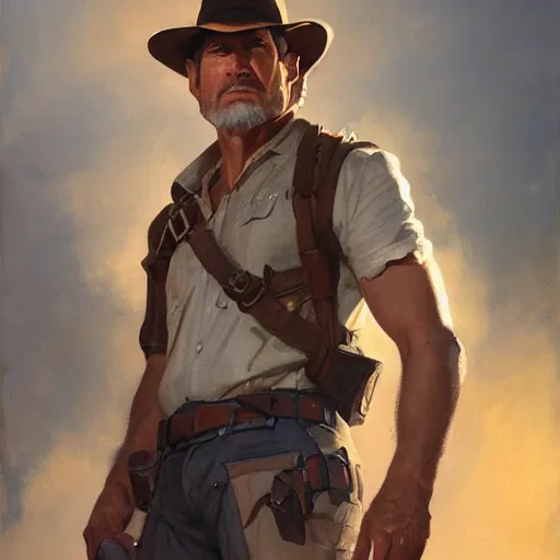 Image similar to greg manchess portrait painting of partially armored indiana jones as overwatch character, medium shot, asymmetrical, profile picture, organic painting, sunny day, matte painting, bold shapes, hard edges, street art, trending on artstation, by huang guangjian, gil elvgren, ruan jia, randy vargas, greg rutkowski