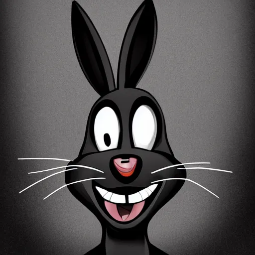 Image similar to A extremely highly detailed majestic hi-res beautiful, highly detailed head and shoulders portrait of a scary terrifying, horrifying, creepy black cartoon rabbit with scary big eyes, earing a shirt laughing, hey buddy, let's be friends, in the style of Walt Disney animation